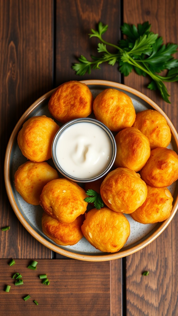 Crispy potato puffs on a plate with dipping sauce, garnished with herbs.